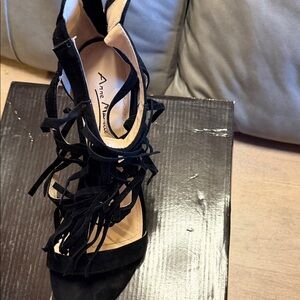 Anne Michelle Black Suede Fringe Lace-Up Heels